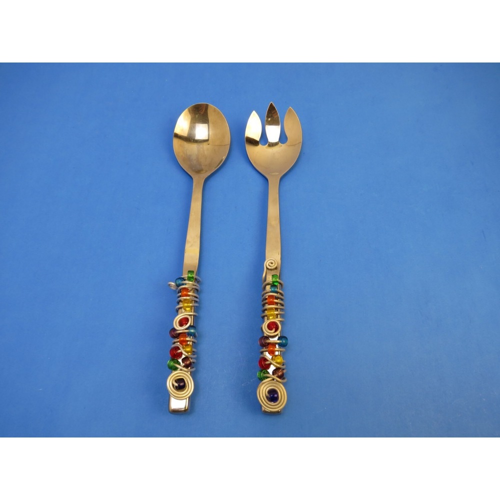 Adcraft Boho Artsy Salad Spoon and Fork Set Beaded Metal Wire Wrapped